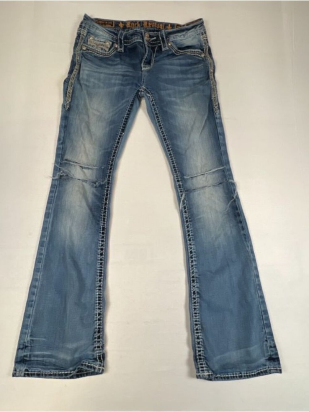 Rock Revival Women Size 28 Lina Bootcut Denim Jeans Blue Stitched Sequins